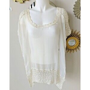 Cali Cream Peasant Boho Blouse sheer organza w/Silk Crochet Trim & shoulders